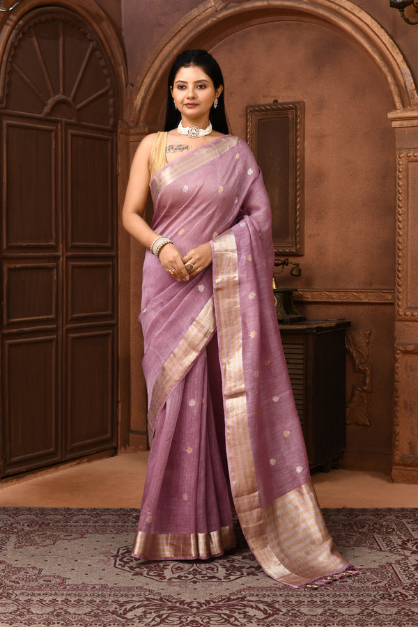 Pure tussar linen Handloom Banarasi saree with kadwa weaving-Lilac