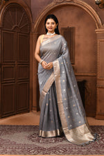 Pure tussar linen Handloom Banarasi saree with kadwa weaving-steel grey