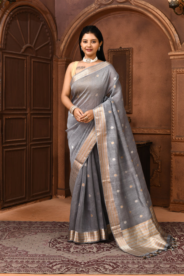 Pure tussar linen Handloom Banarasi saree with kadwa weaving-steel grey