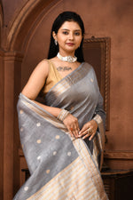 Pure tussar linen Handloom Banarasi saree with kadwa weaving-steel grey