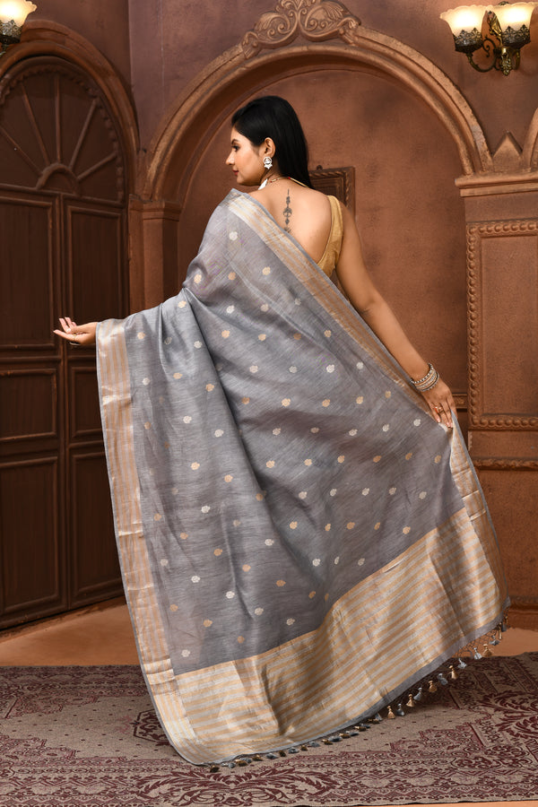 Pure tussar linen Handloom Banarasi saree with kadwa weaving-steel grey