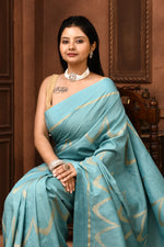 Pure handloom tussar silk Banarasi saree with kadwa weaving-Ice blue