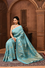 Pure handloom tussar silk Banarasi saree with kadwa weaving-Ice blue