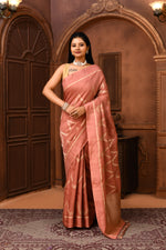 Pure handloom tussar silk Banarasi saree with kadwa weaving-Light coral