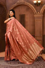 Pure handloom tussar silk Banarasi saree with kadwa weaving-Light coral