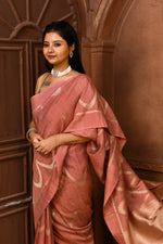 Pure handloom tussar silk Banarasi saree with kadwa weaving-Light coral