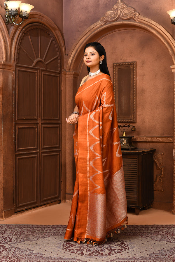 Pure handloom tussar silk Banarasi saree with kadwa weaving-Rust