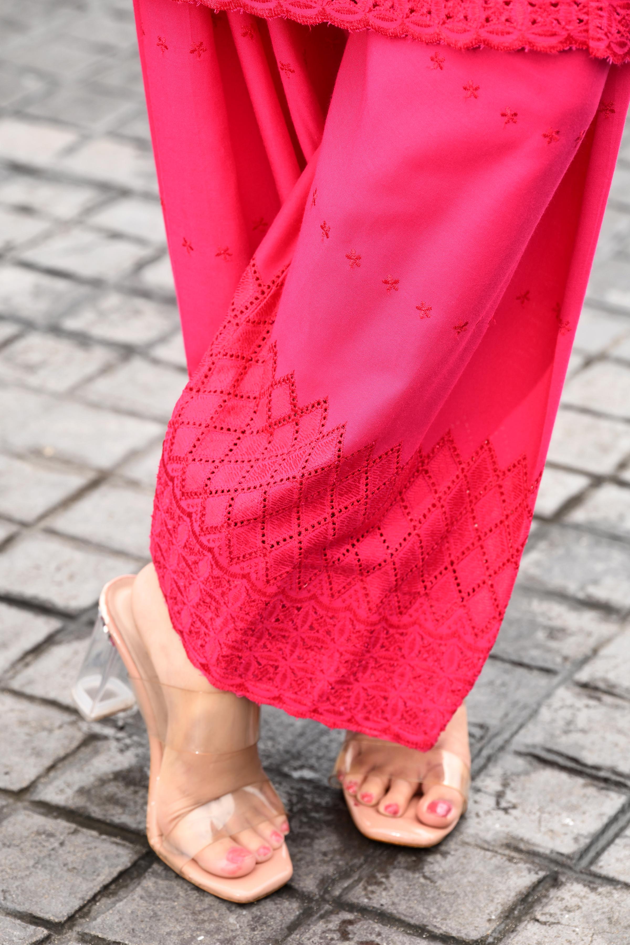 Vibrant fuschia pink flared sleeves mid thigh length straight kurta and farshi salwar set with cut work embroidery