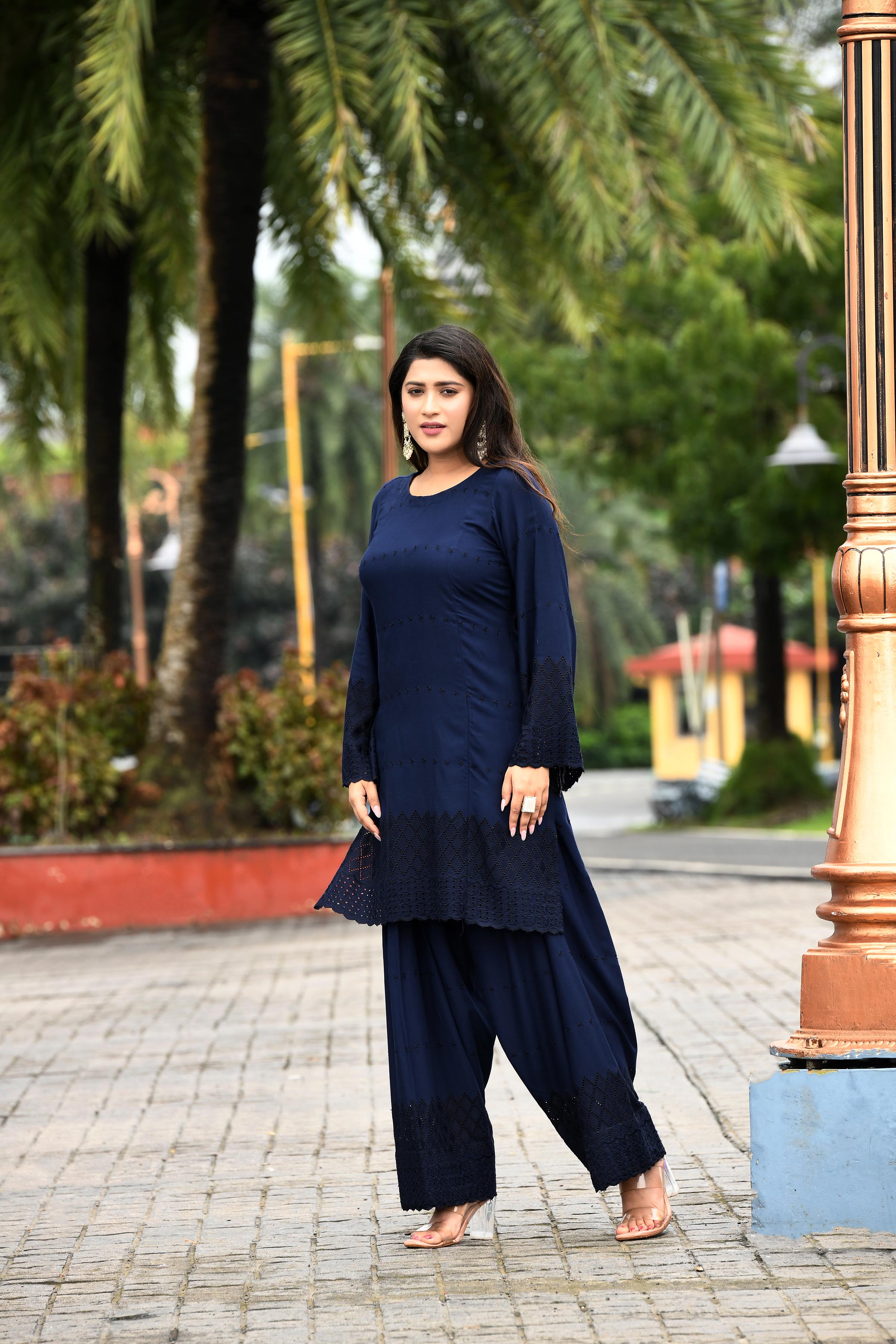 Rich Indigo blue flared sleeves mid thigh length straight kurta and farshi salwar set with cut work embroidery