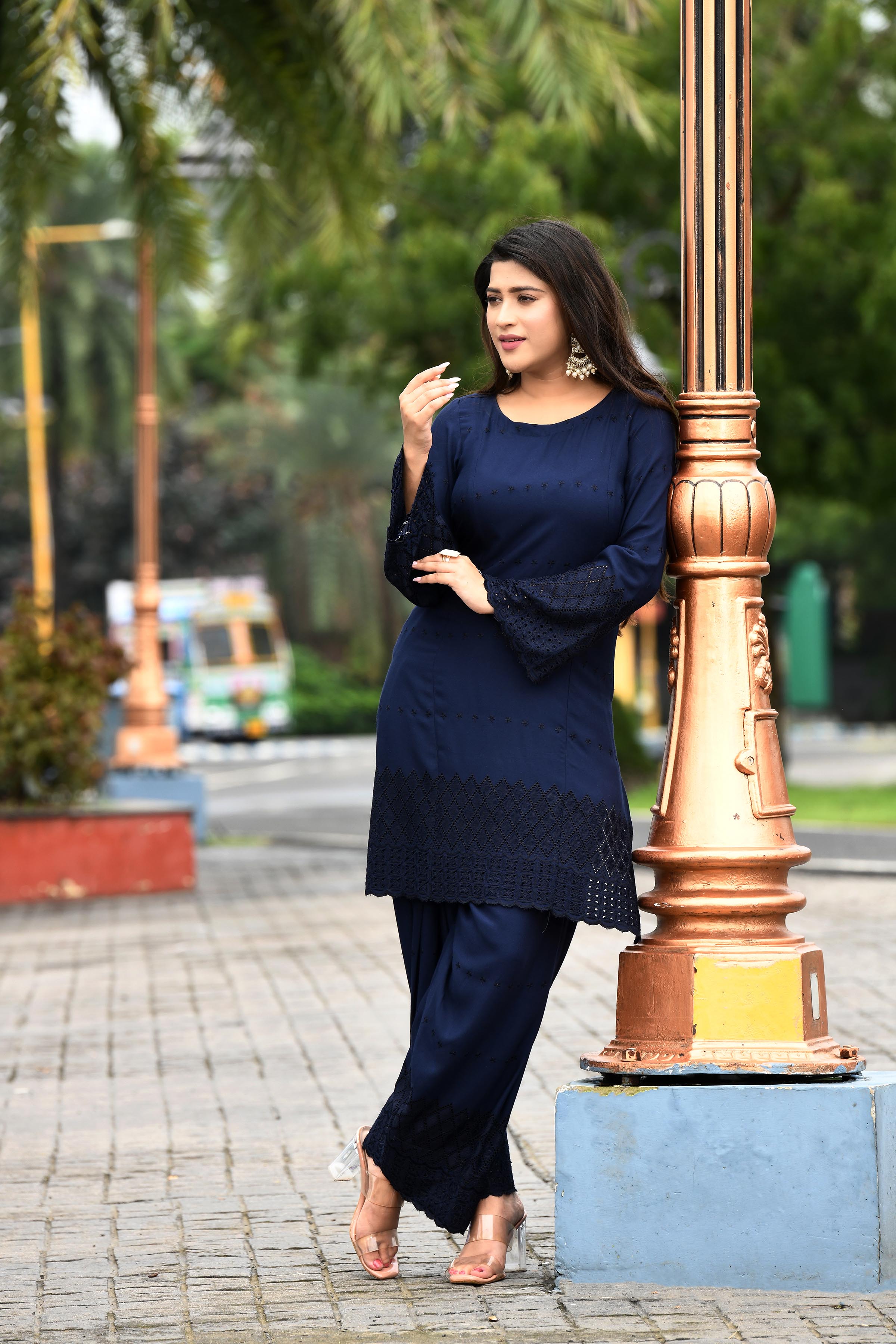 Rich Indigo blue flared sleeves mid thigh length straight kurta and farshi salwar set with cut work embroidery