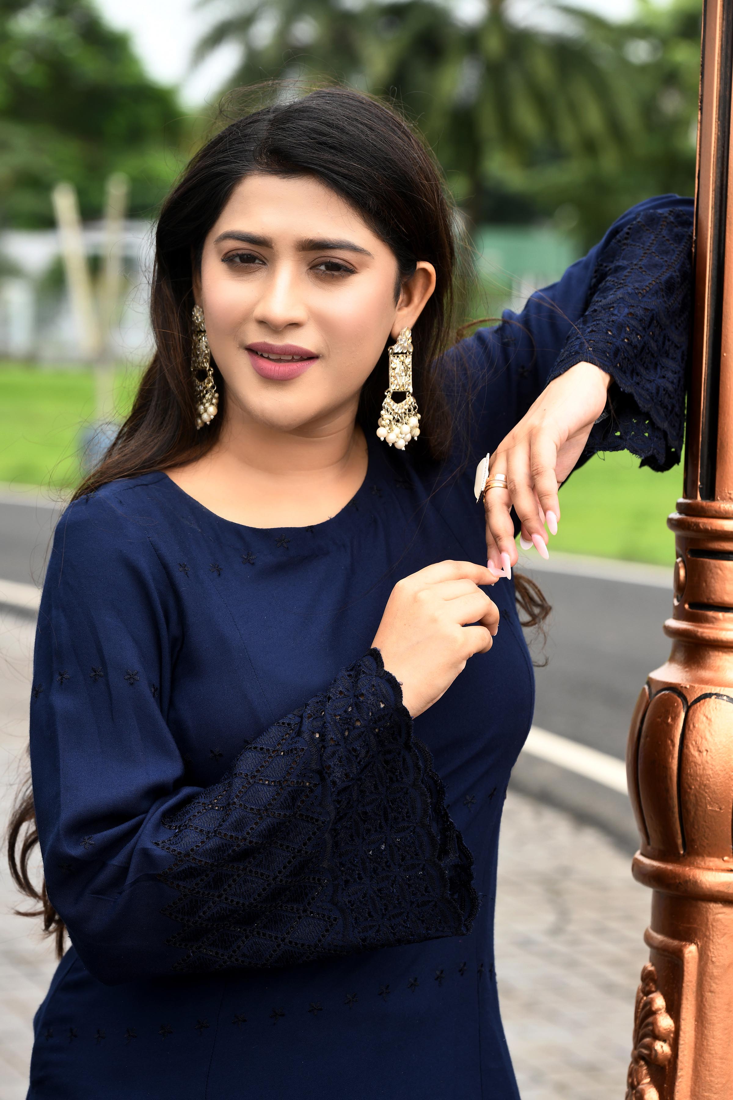 Rich Indigo blue flared sleeves mid thigh length straight kurta and farshi salwar set with cut work embroidery