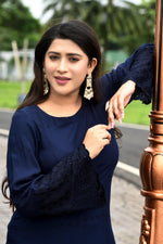Rich Indigo blue flared sleeves mid thigh length straight kurta and farshi salwar set with cut work embroidery