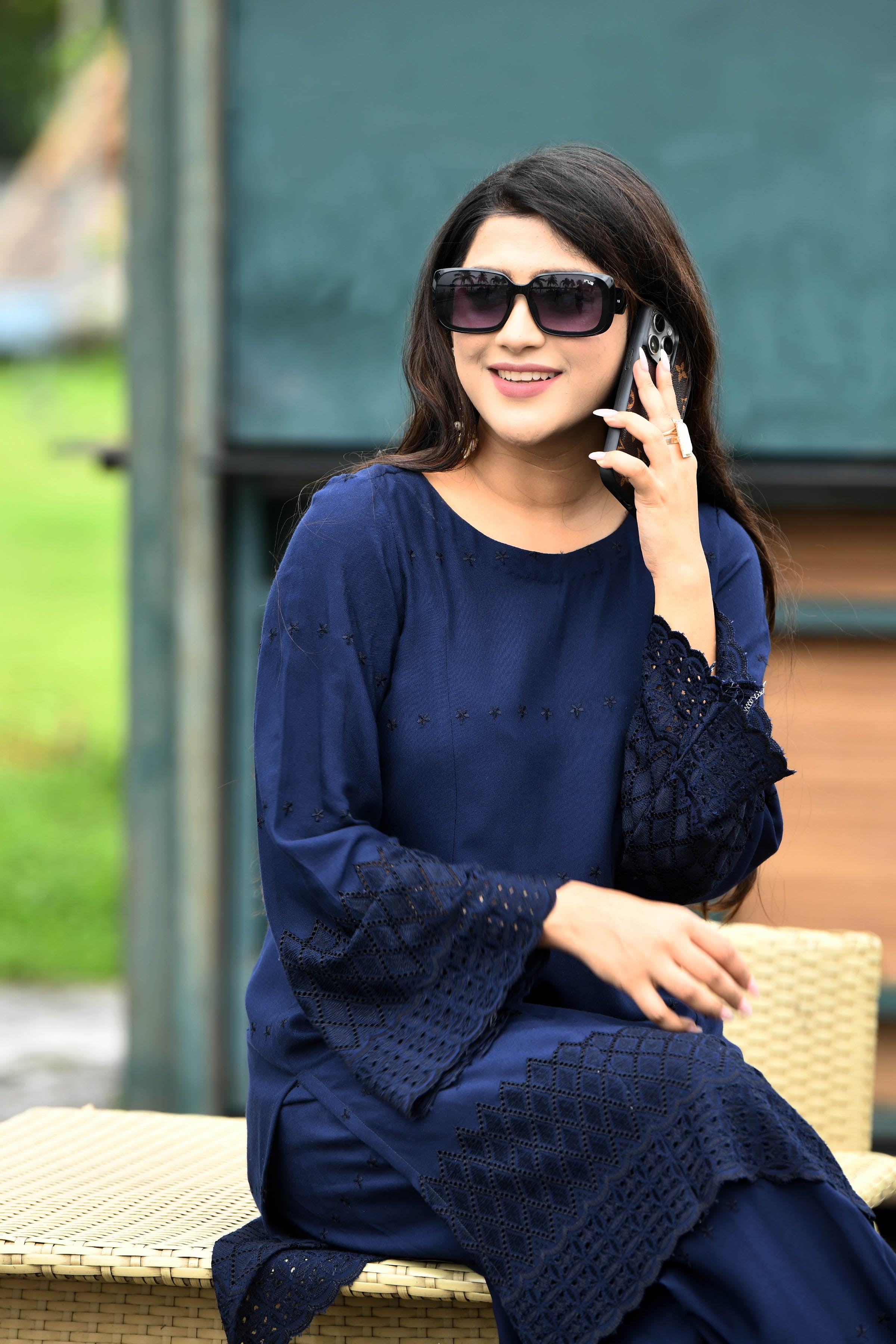 Rich Indigo blue flared sleeves mid thigh length straight kurta and farshi salwar set with cut work embroidery