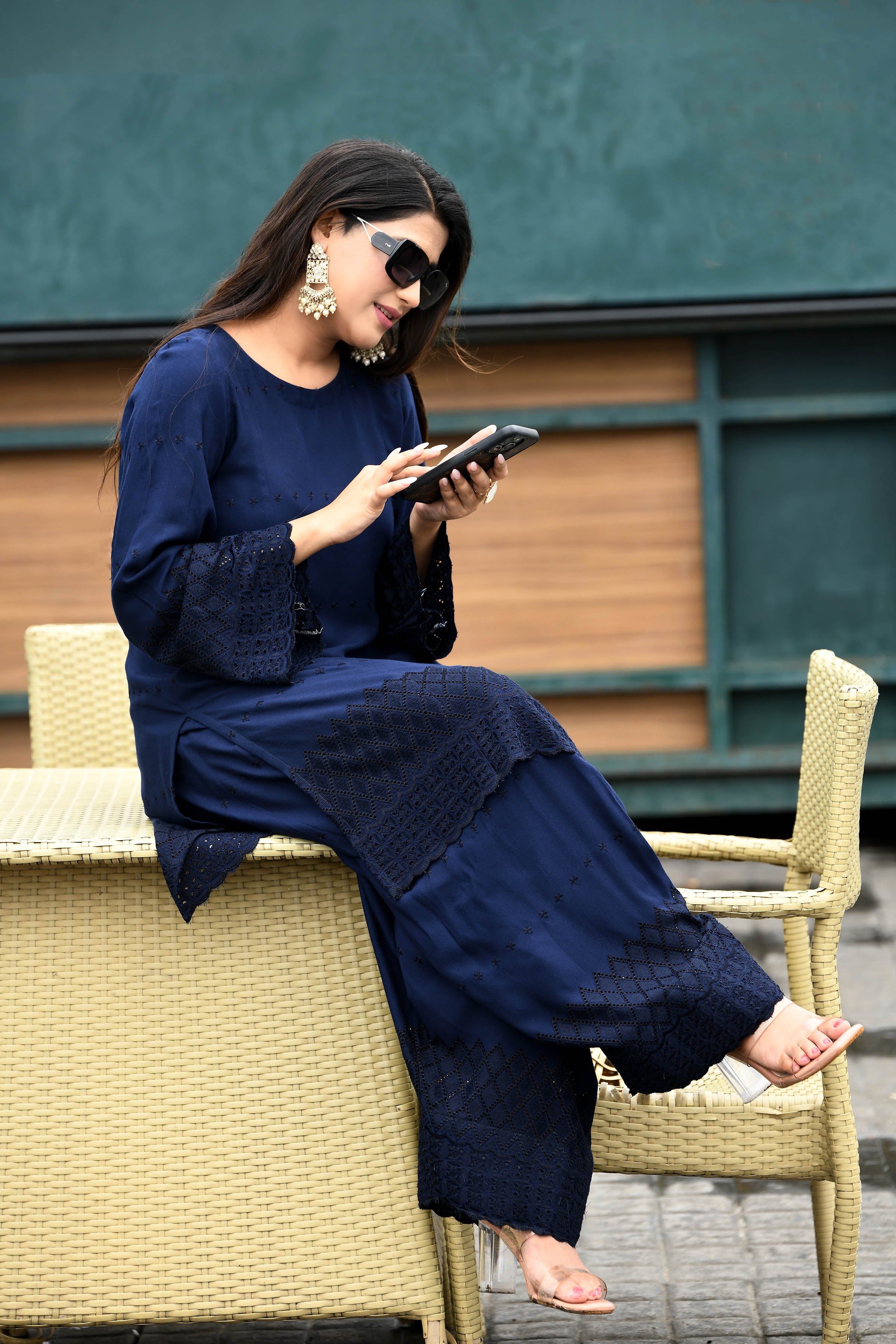Rich Indigo blue flared sleeves mid thigh length straight kurta and farshi salwar set with cut work embroidery