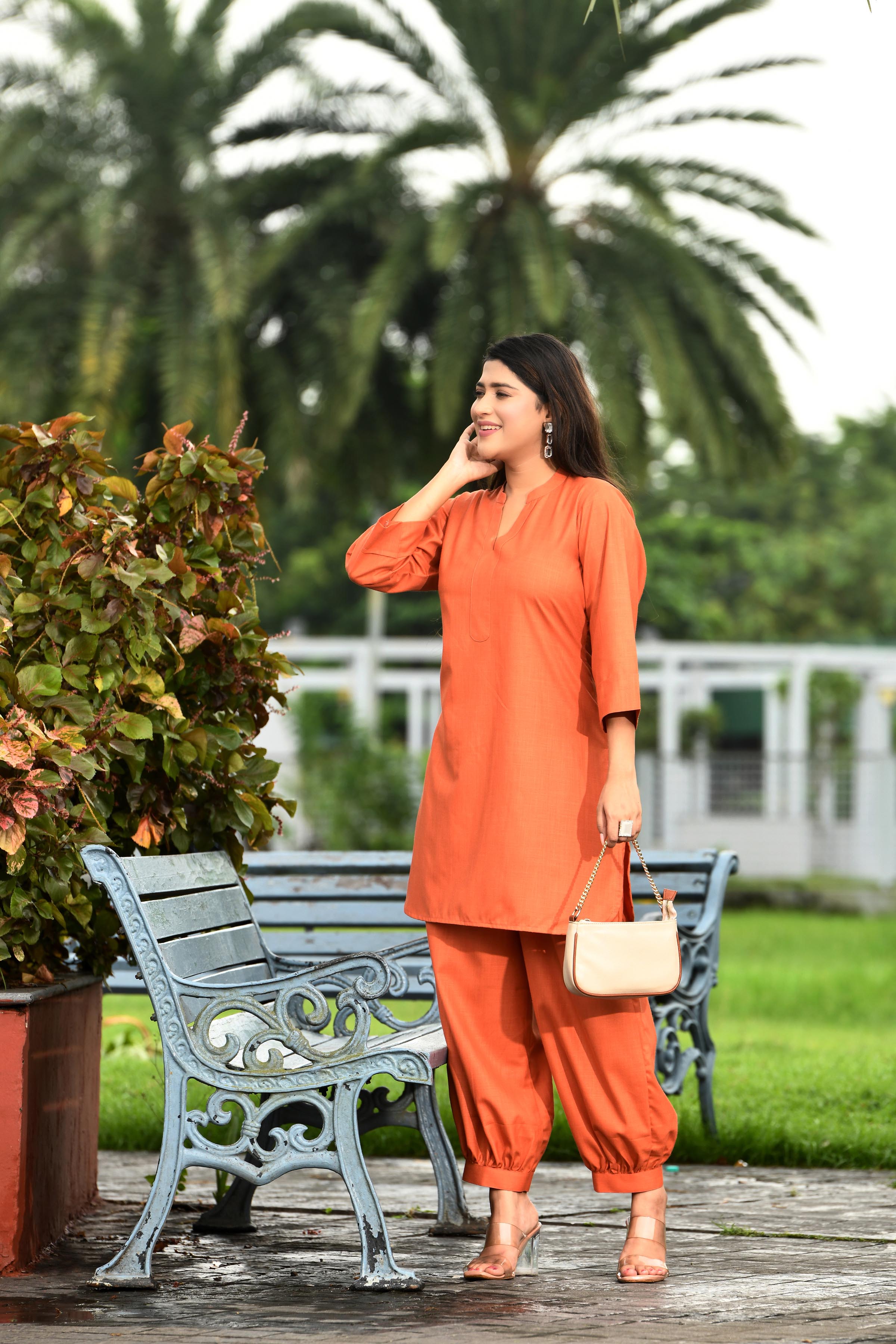 Rustic Rust orange cotton slub Co-ord set with pants in harem style