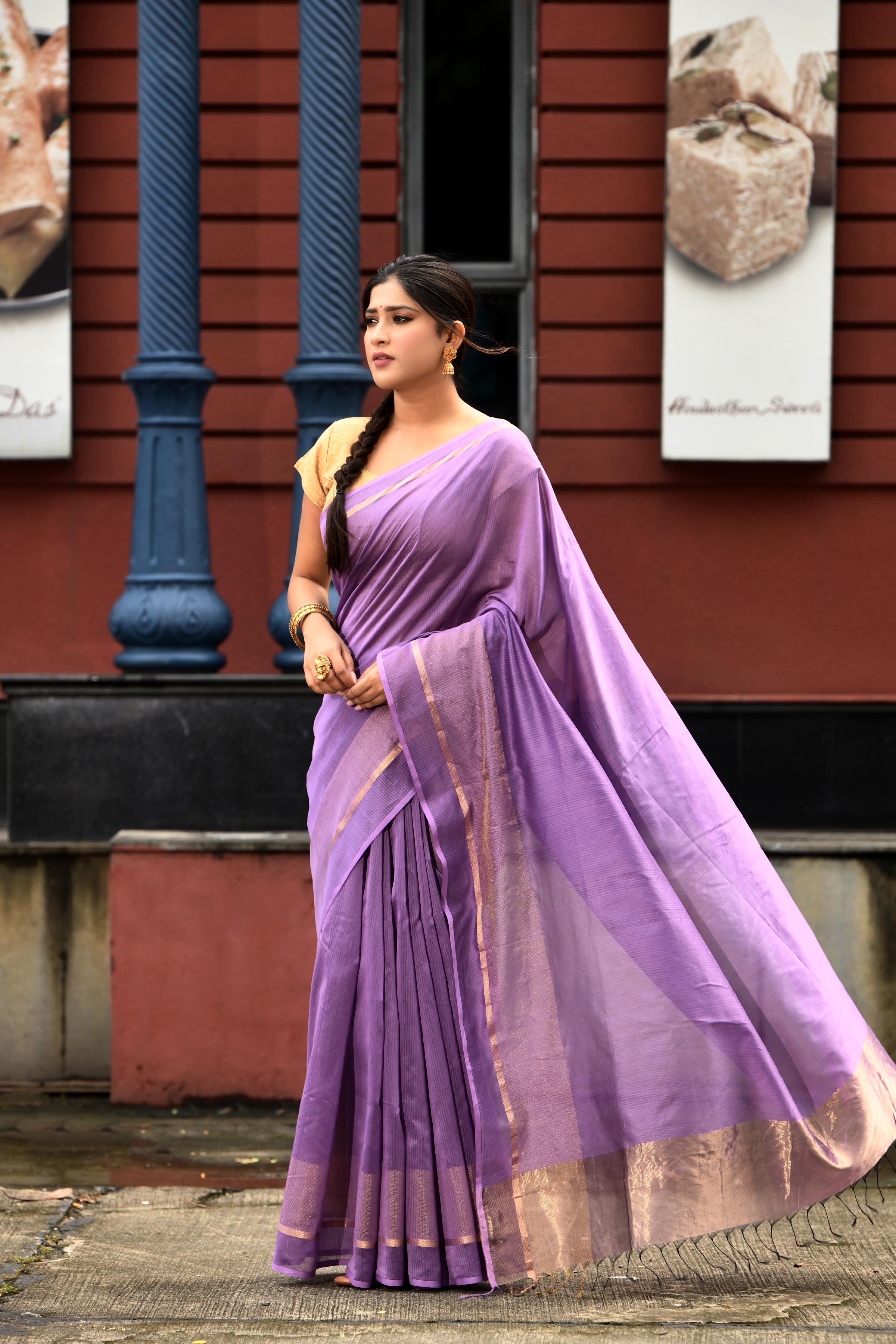 Lavender cotton silk handwoven saree with self stripes and gold pallu