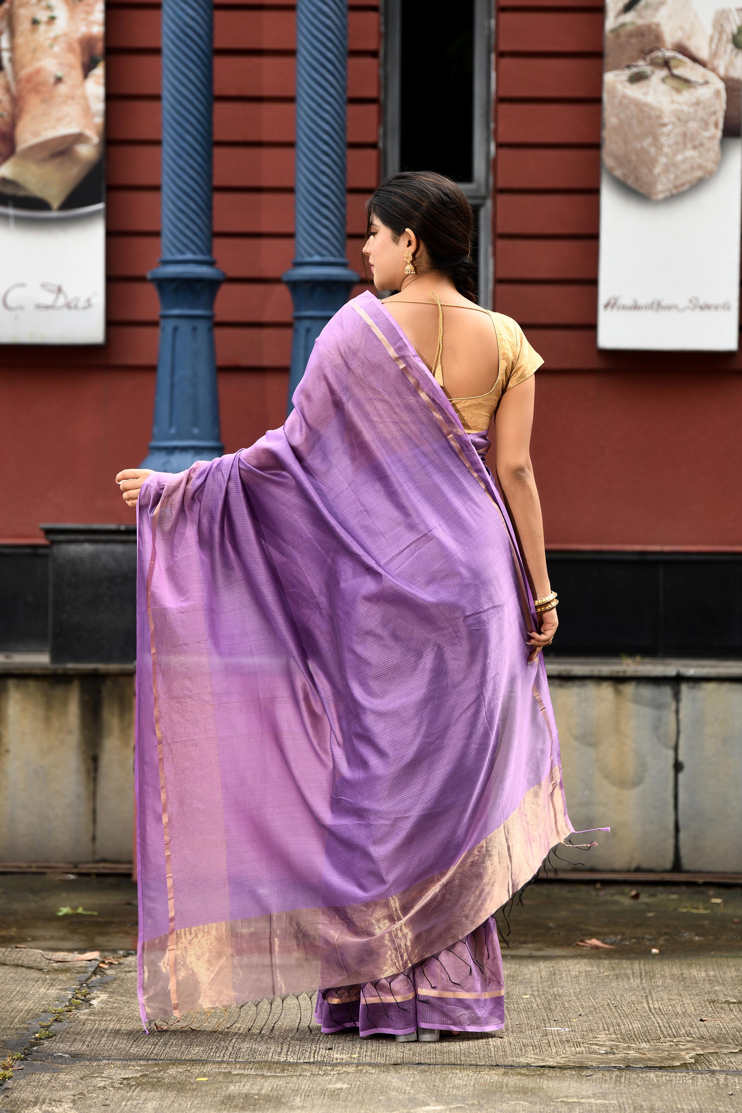 Lavender cotton silk handwoven saree with self stripes and gold pallu