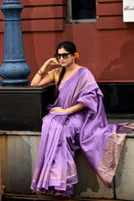 Lavender cotton silk handwoven saree with self stripes and gold pallu