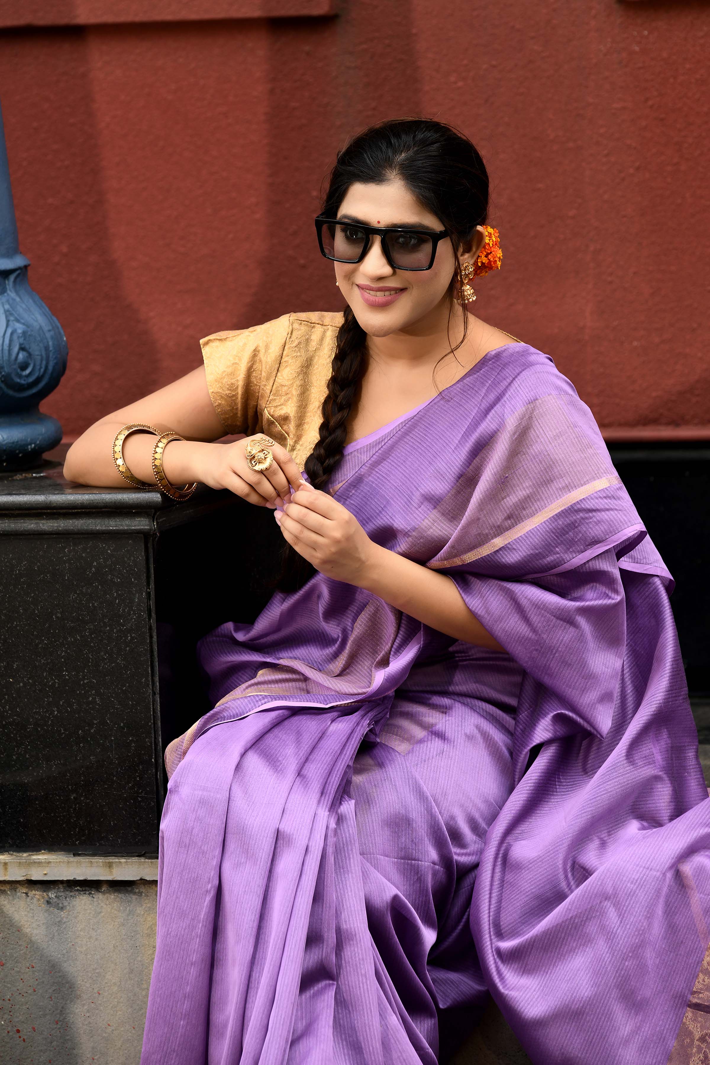 Lavender cotton silk handwoven saree with self stripes and gold pallu