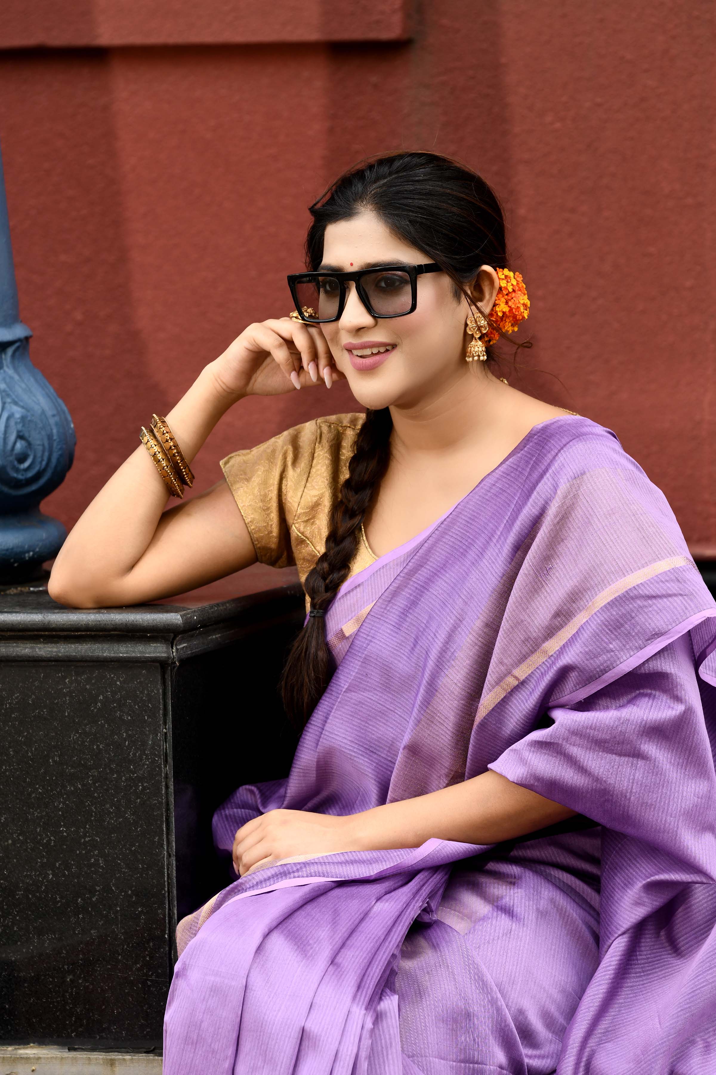 Lavender cotton silk handwoven saree with self stripes and gold pallu