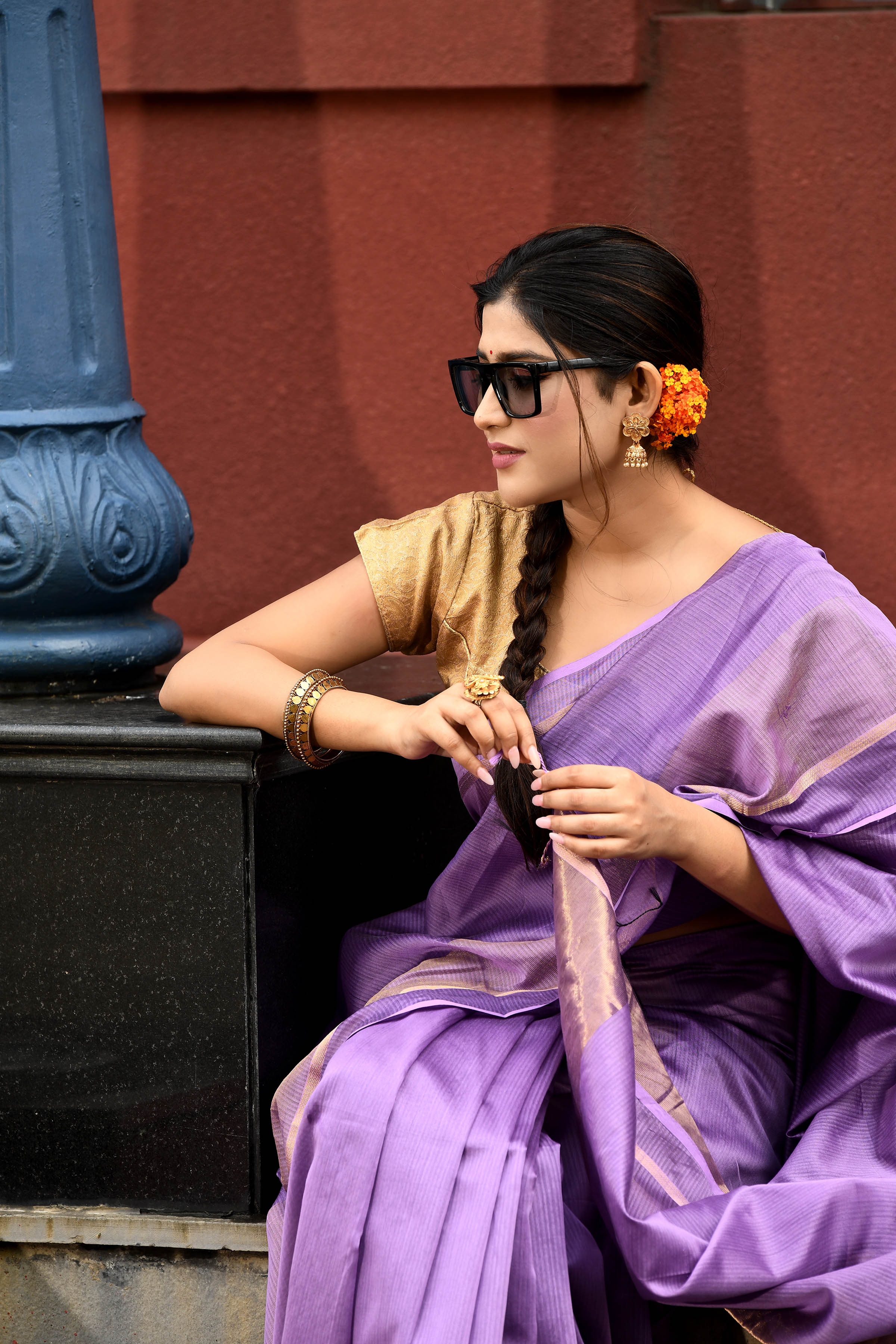 Lavender cotton silk handwoven saree with self stripes and gold pallu