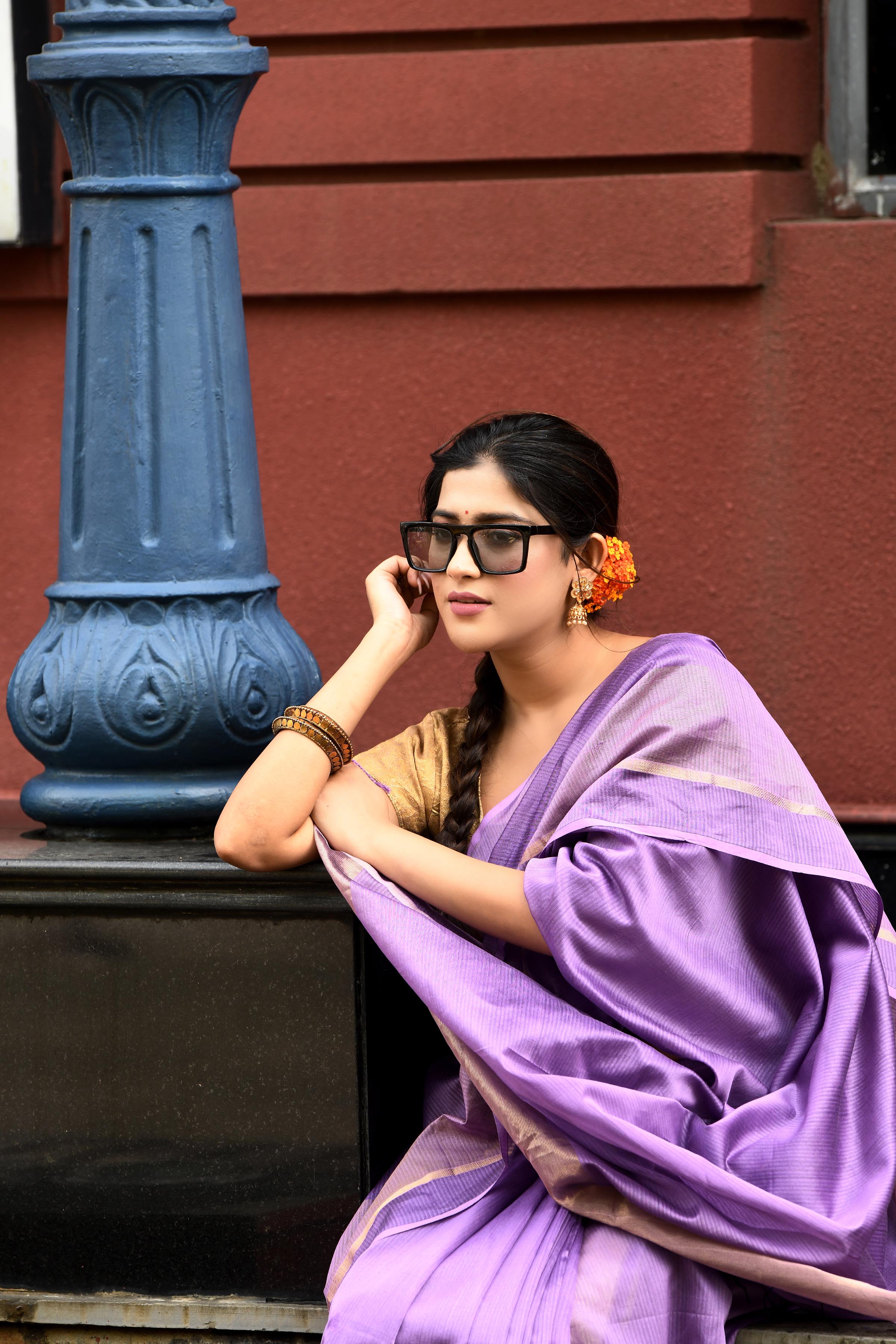 Lavender cotton silk handwoven saree with self stripes and gold pallu
