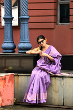 Lavender cotton silk handwoven saree with self stripes and gold pallu