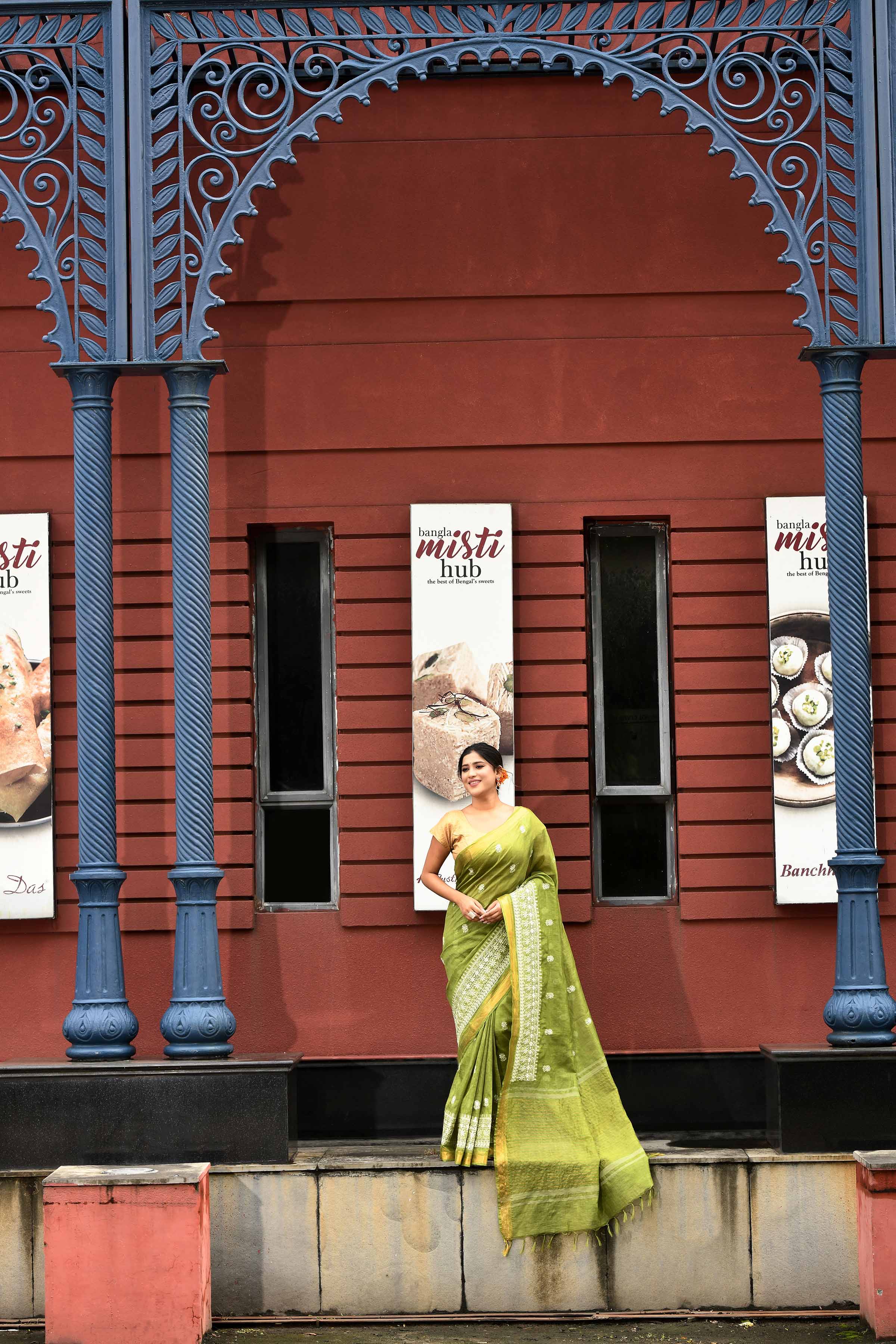 Pure handloom linen tussar saree with embroidery-olive green