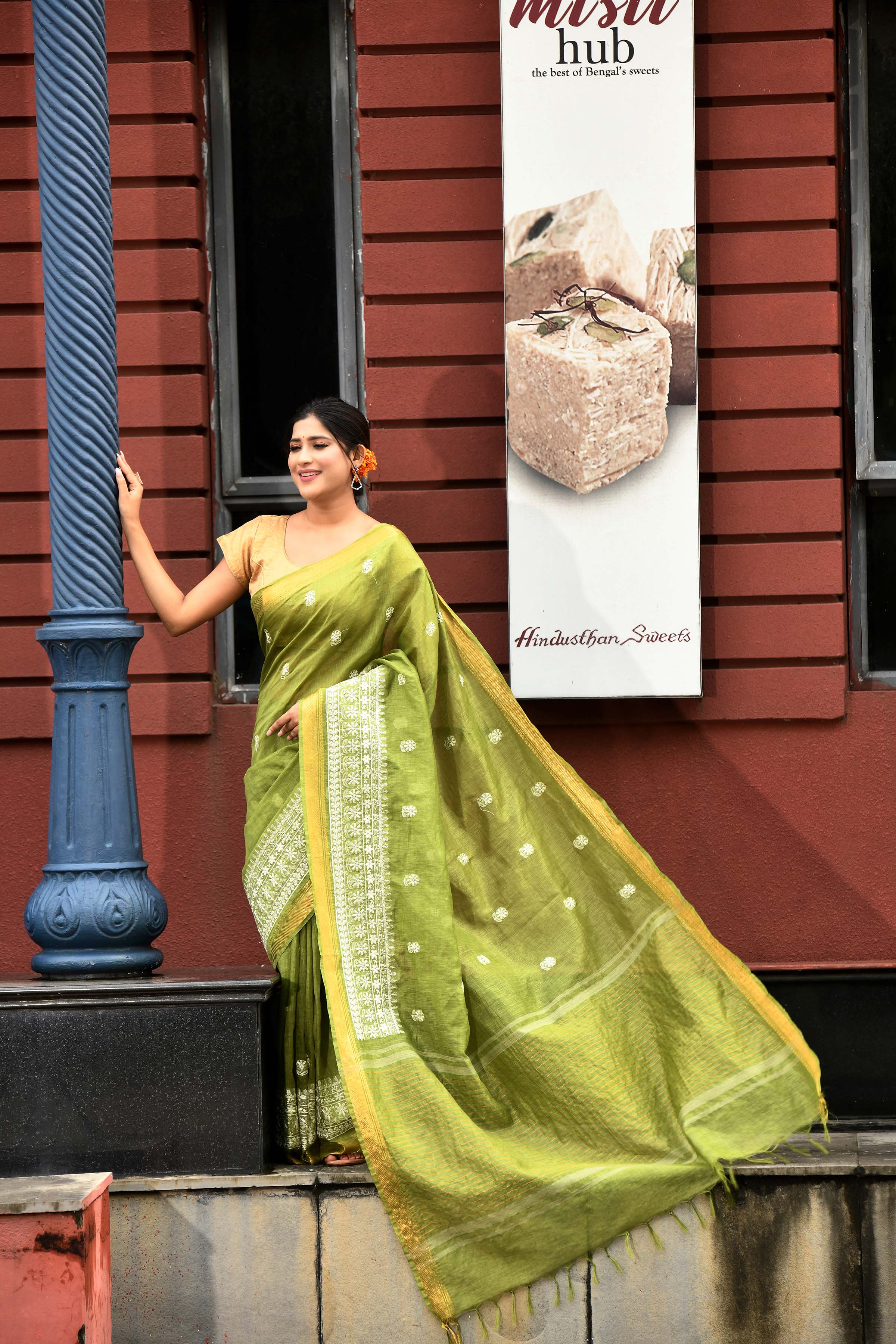 Pure handloom linen tussar saree with embroidery-olive green