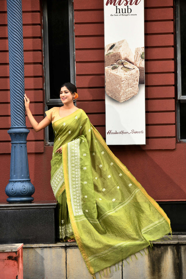 Pure handloom linen tussar saree with embroidery-olive green