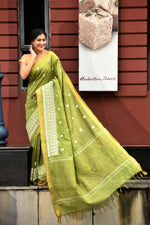 Pure handloom linen tussar saree with embroidery-olive green