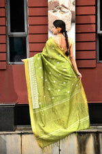 Pure handloom linen tussar saree with embroidery-olive green