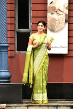Pure handloom linen tussar saree with embroidery-olive green