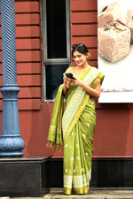 Pure handloom linen tussar saree with embroidery-olive green