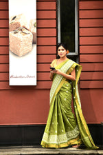 Pure handloom linen tussar saree with embroidery-olive green