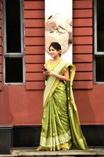 Pure handloom linen tussar saree with embroidery-olive green