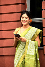 Pure handloom linen tussar saree with embroidery-olive green