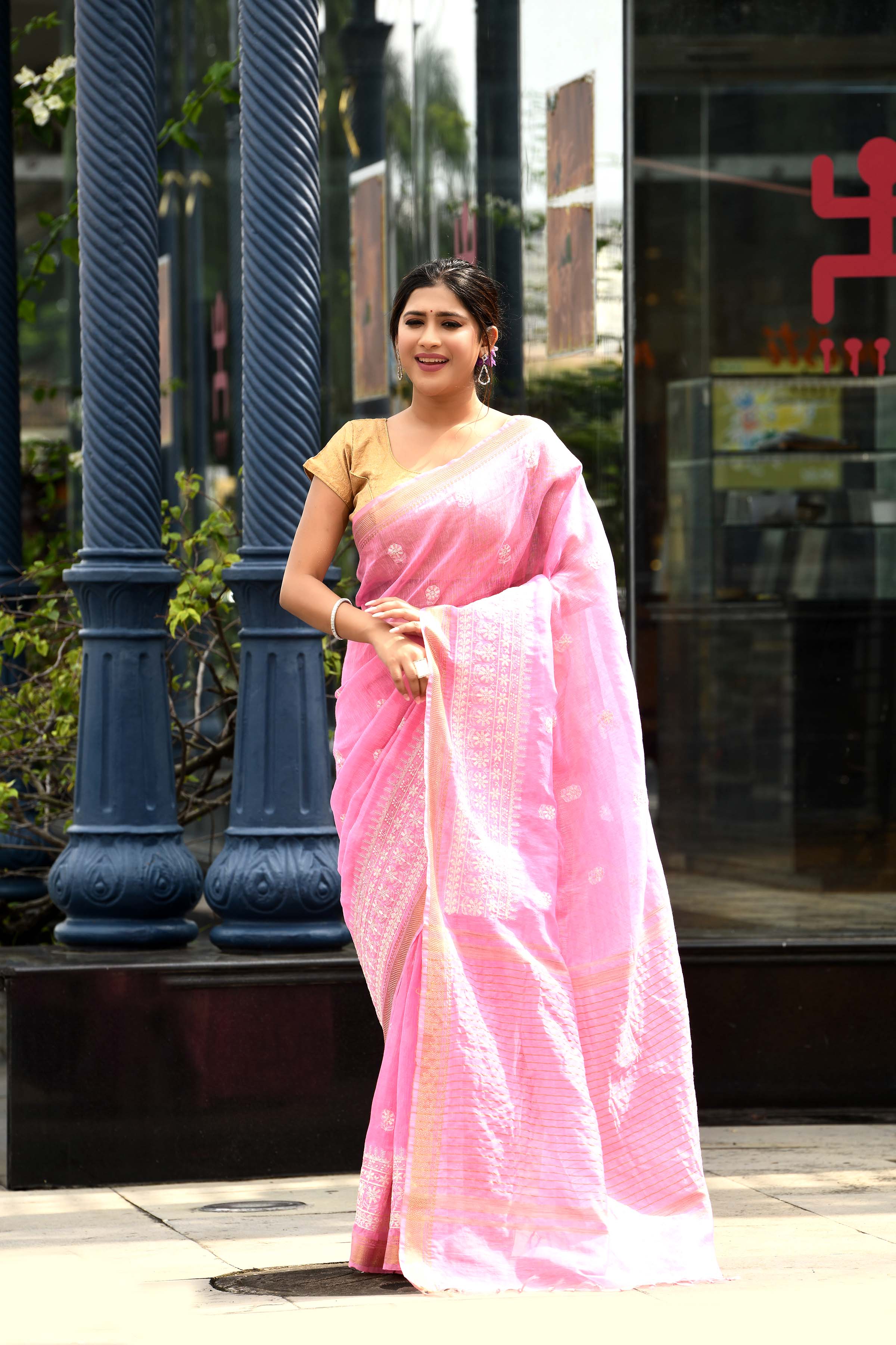 Pure handloom linen tussar saree with embroidery-Baby pink