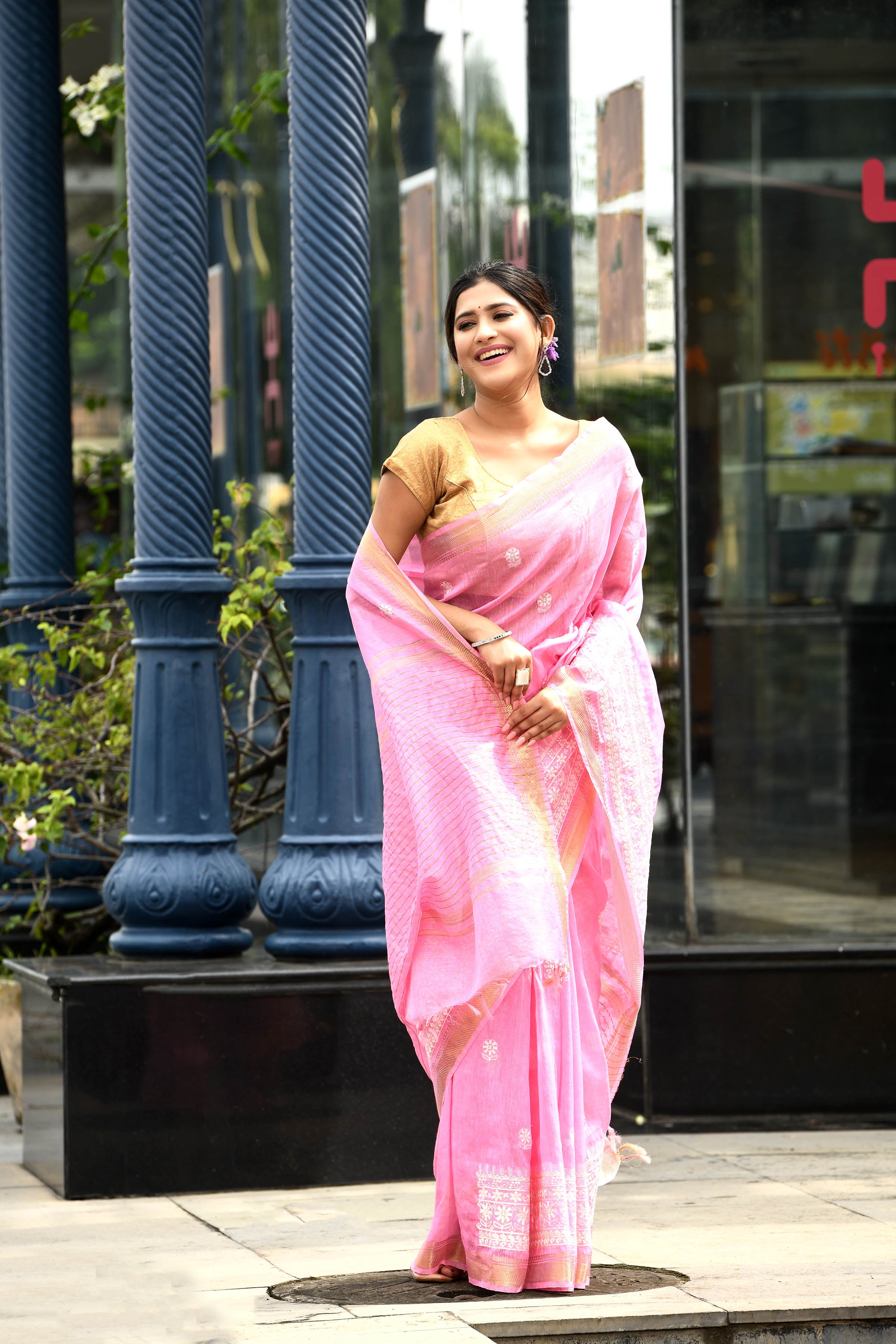 Pure handloom linen tussar saree with embroidery-Baby pink