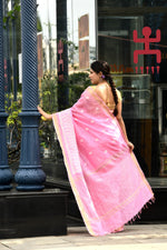 Pure handloom linen tussar saree with embroidery-Baby pink
