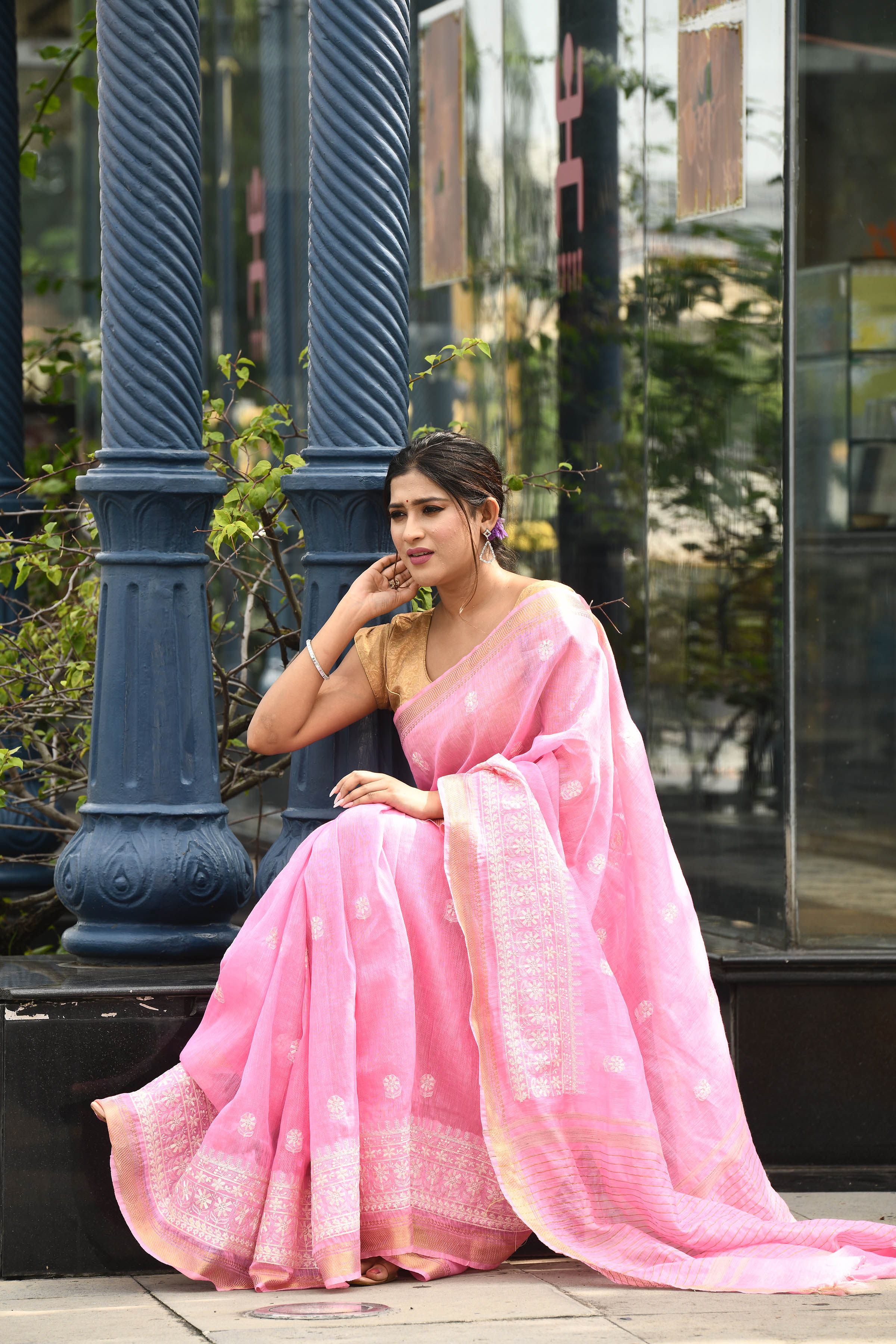 Pure handloom linen tussar saree with embroidery-Baby pink