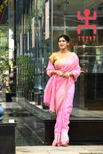 Pure handloom linen tussar saree with embroidery-Baby pink