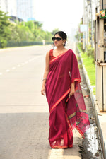 Magenta cotton silk hand woven saree with dark pink and golden border