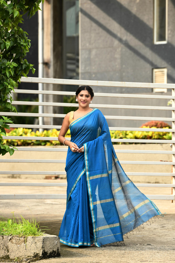 Cobalt Blue cotton silk hand woven saree with teal blue and golden border