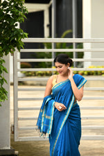 Cobalt Blue cotton silk hand woven saree with teal blue and golden border