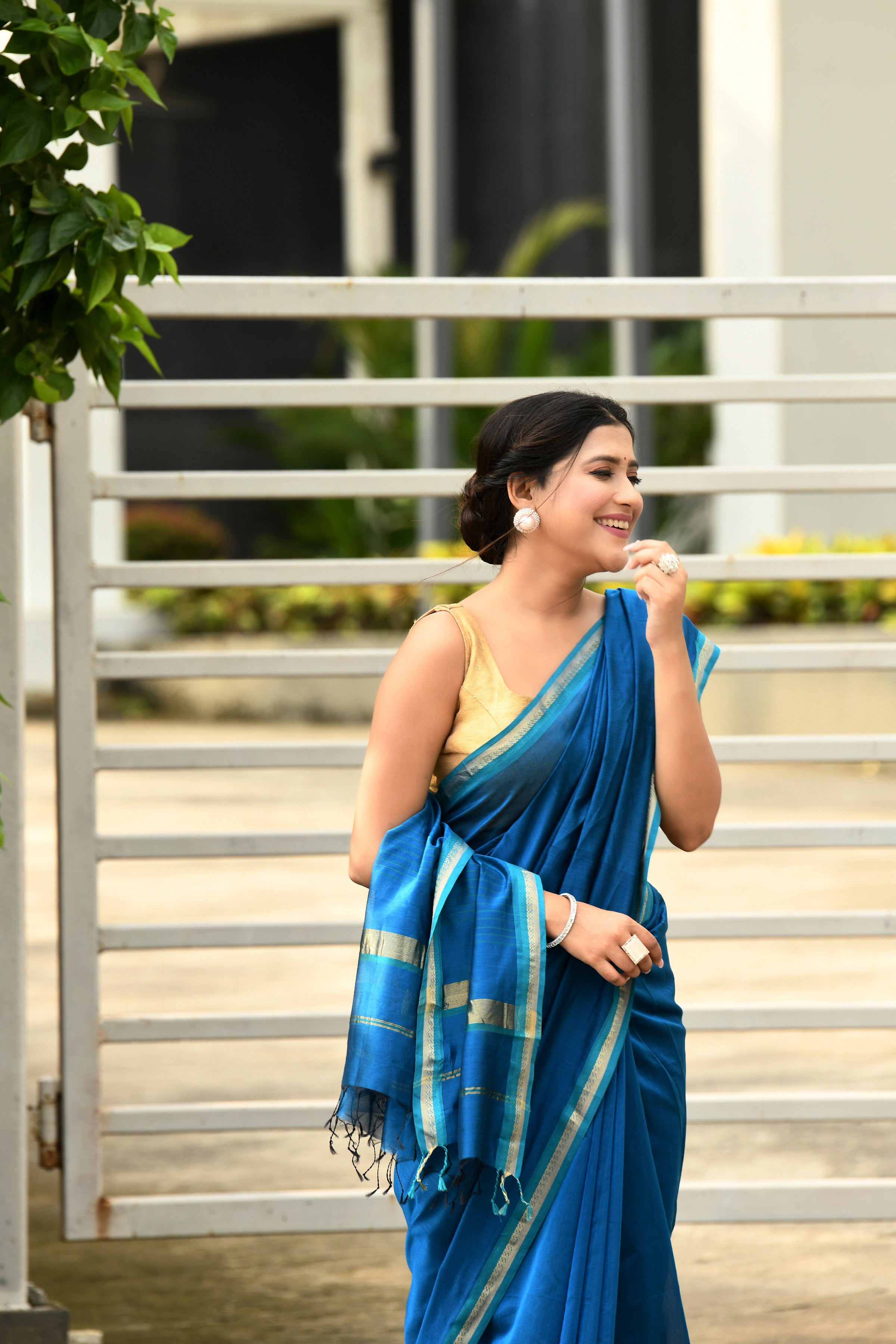 Cobalt Blue cotton silk hand woven saree with teal blue and golden border