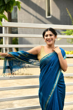 Cobalt Blue cotton silk hand woven saree with teal blue and golden border