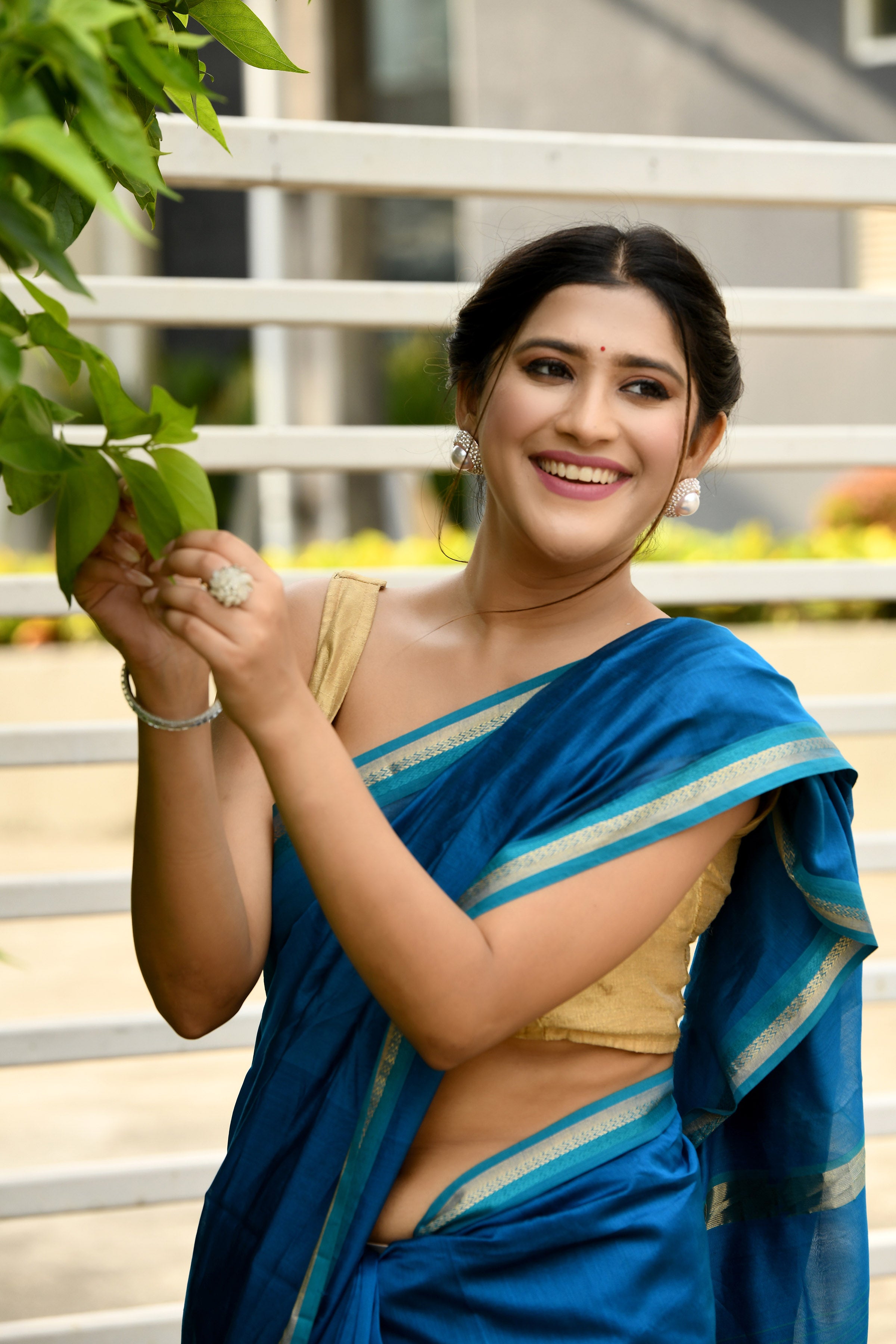 Cobalt Blue cotton silk hand woven saree with teal blue and golden border