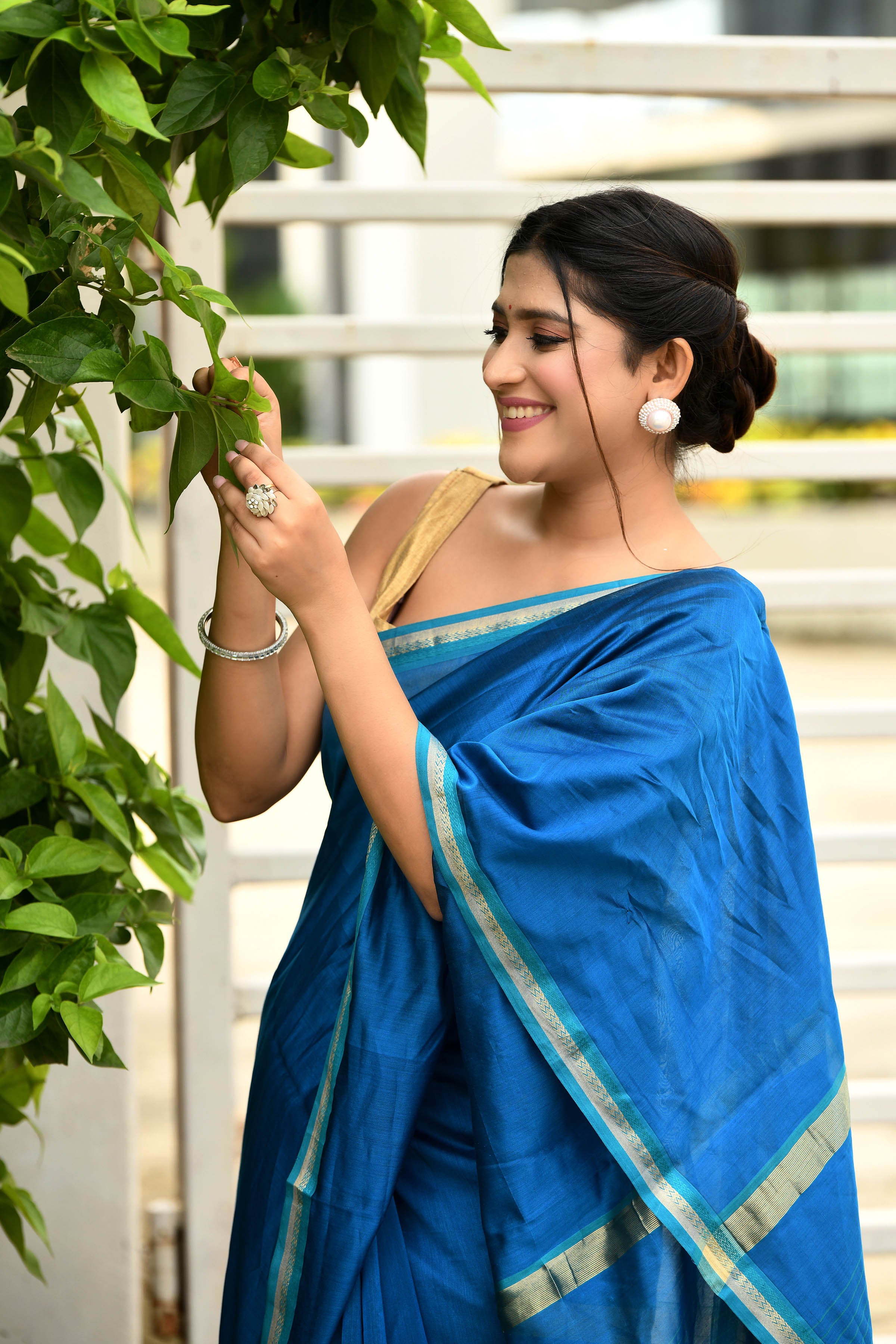Cobalt Blue cotton silk hand woven saree with teal blue and golden border