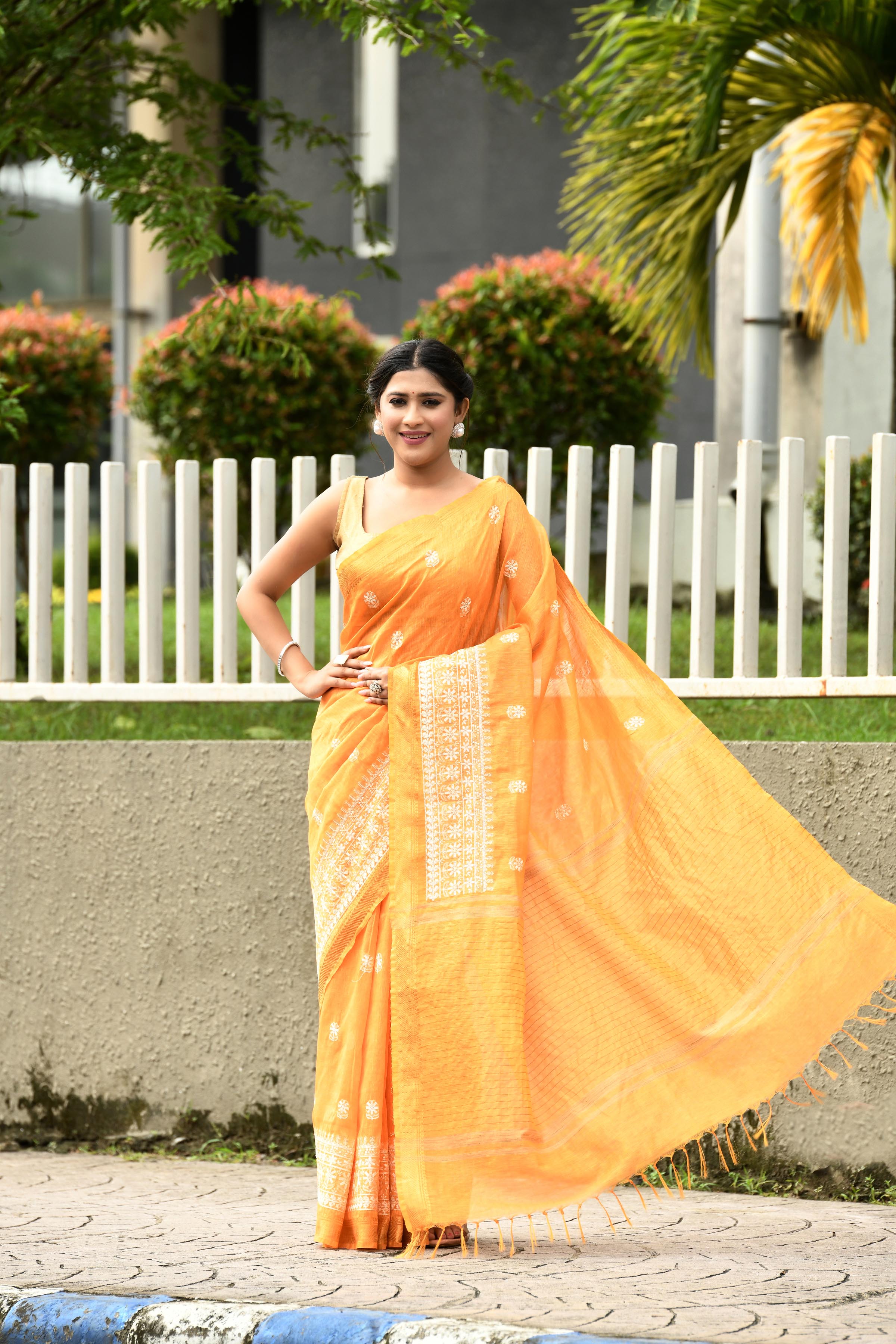 Pure handloom linen tussar saree with embroidery-Dark orange